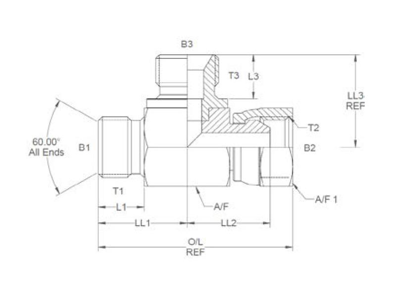 Hydraulic Tee Piece 3/4'' BSP Male x 3/4'' BSP Swivel Female x 3/4