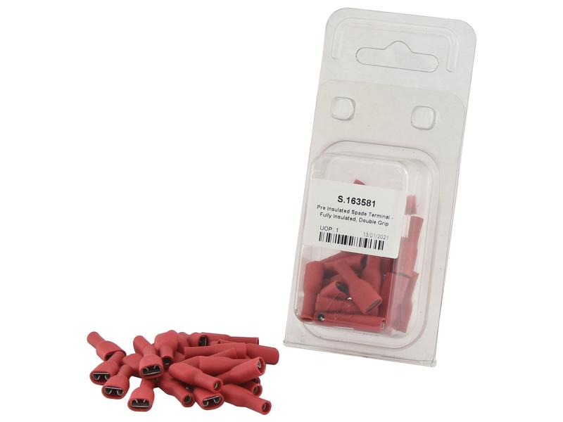 Terminal de horquilla preaislado - Totalmente aislado, Doble Agarre - Hembra, 6.3mm, Rojo (0.5 - 1.5mm), (Blister 25 pzas.)