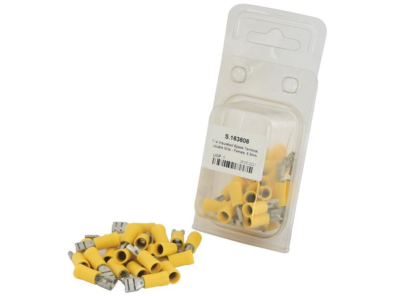 Pre Insulated Spade Terminal, Double Grip - Female, 6.3mm, Yellow (4.0 - 6.0mm) (Agripak 25 pcs.)