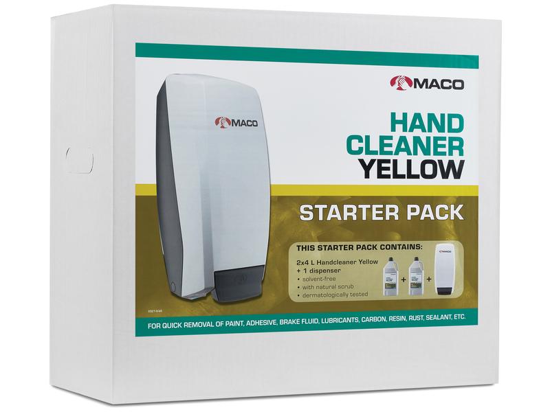MACO Savon nettoyant pour mains, Jaune - kit de 2 x 4 litres plus distributeur