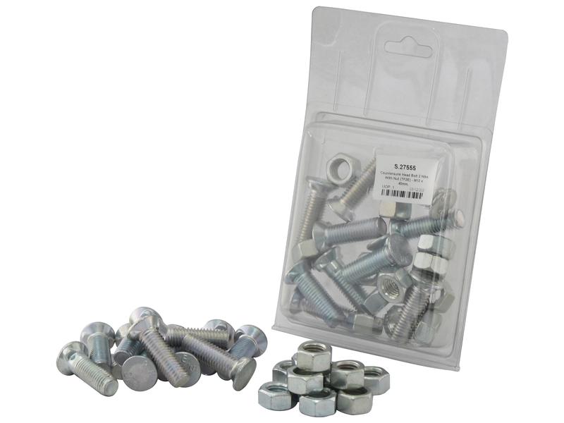 Countersunk Head Bolt 2 Nibs With Nut (TF2E) - M12 x 40mm, Tensile strength 8.8 (8 pcs. Agripak)
