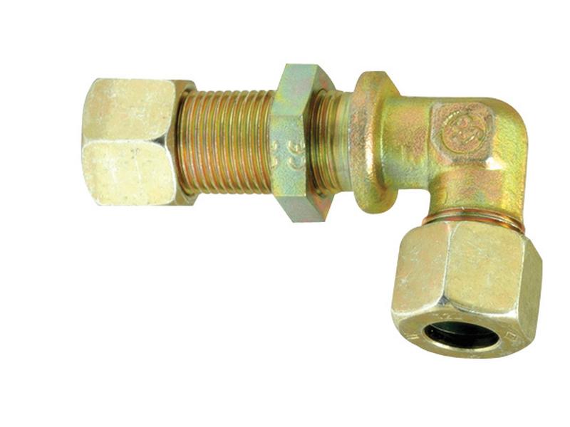 Vinklet skilleveggkupling i metall for hyrdaulikkrør G.S.V. 10L 90 med låsemutter