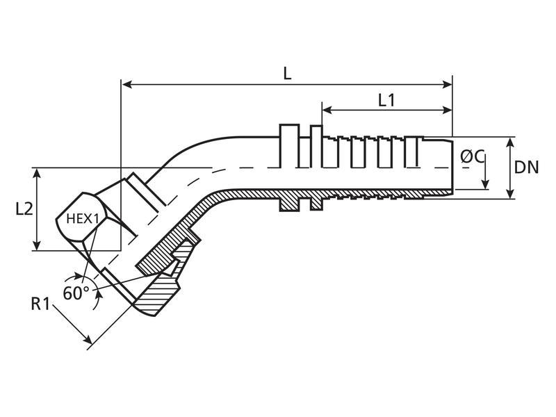Dicsa ORFS Hose Insert 1/2in X 1 3/16in Female Thread 135° Swept Swivel - Sparex Part S.28847