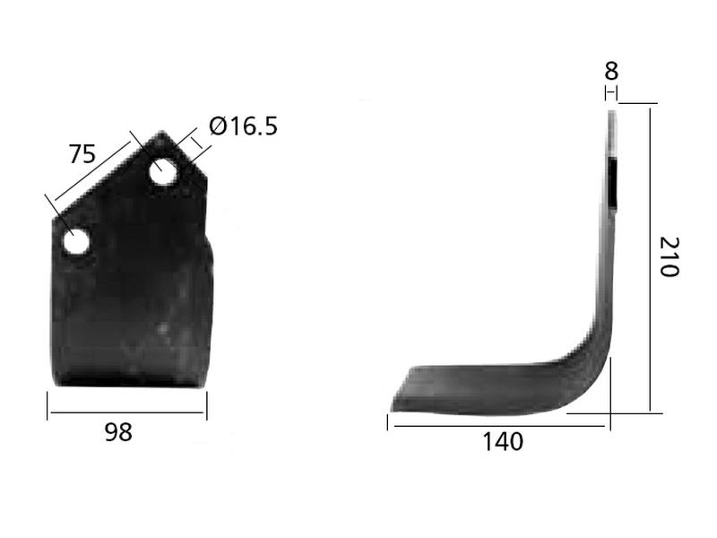 Rotavator Blade Square Type Blades RH 98x8mm Height 210mm. Hole