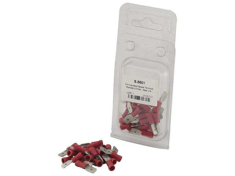 Pre Insulated Spade Terminal, Standard Grip - Male, 6.3mm, Red (0.5 - 1.5mm) (Agripak 25 pcs.)